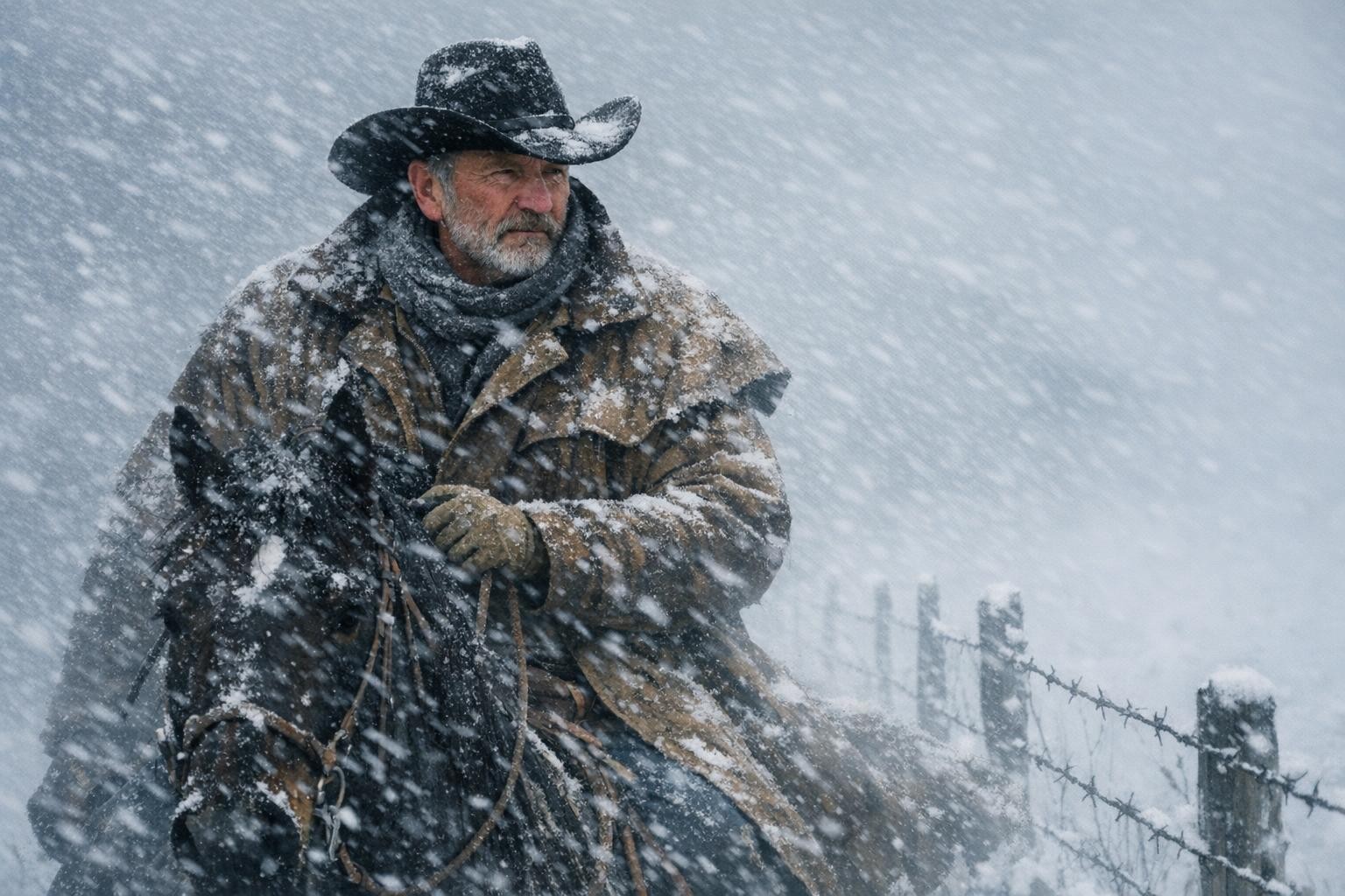Rancher on horseback in a heavy snowstorm in Wyoming