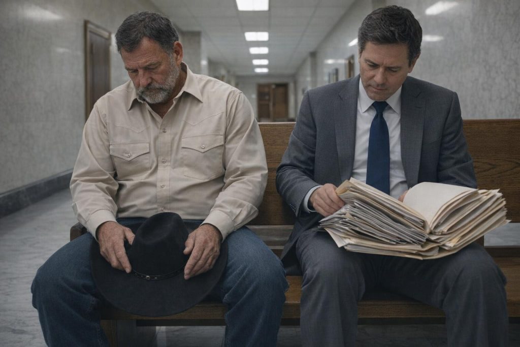 Frustrated rancher sitting with his lawyer in a county courthouse hallway