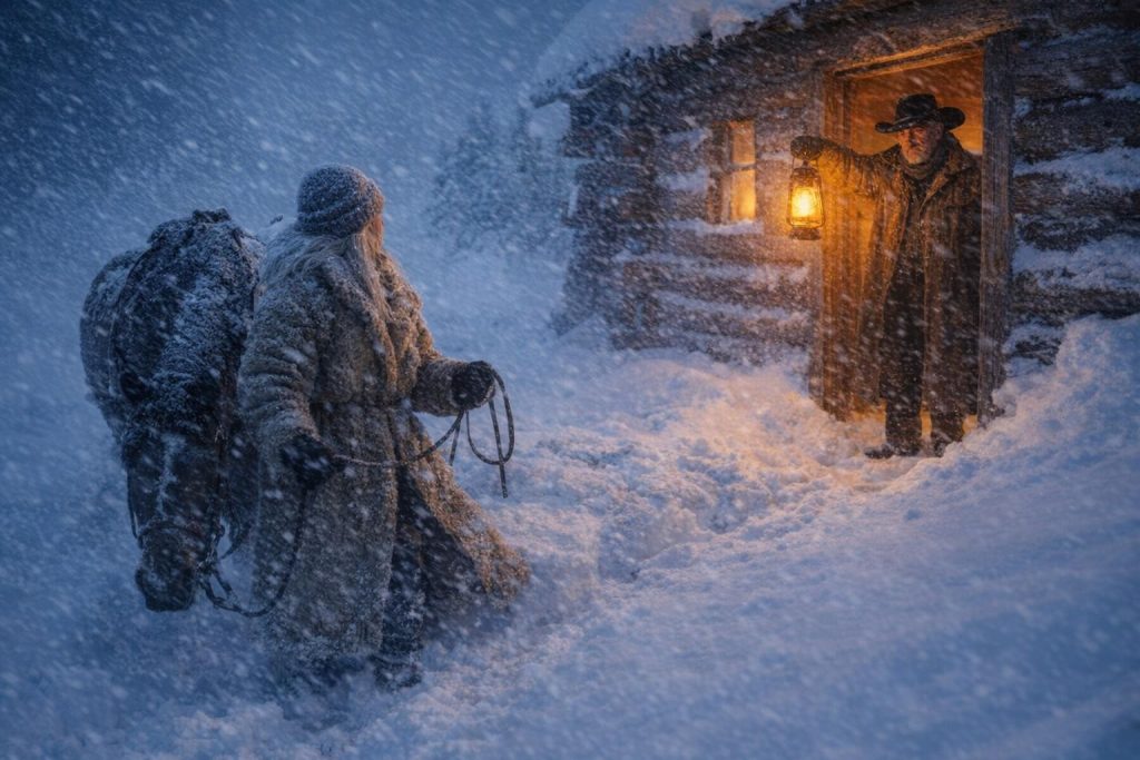 Woman leading a limping horse through a blizzard toward a log cabin where a man holds a lantern