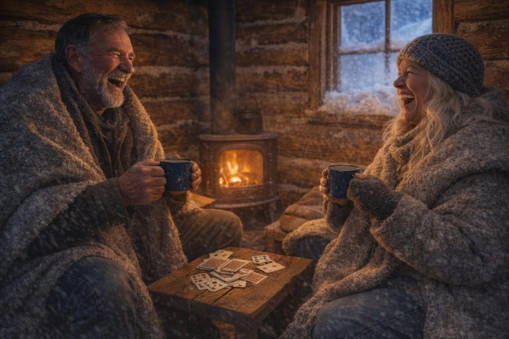 Man and woman wrapped in blankets drinking coffee by a wood stove inside a snowed-in log cabin