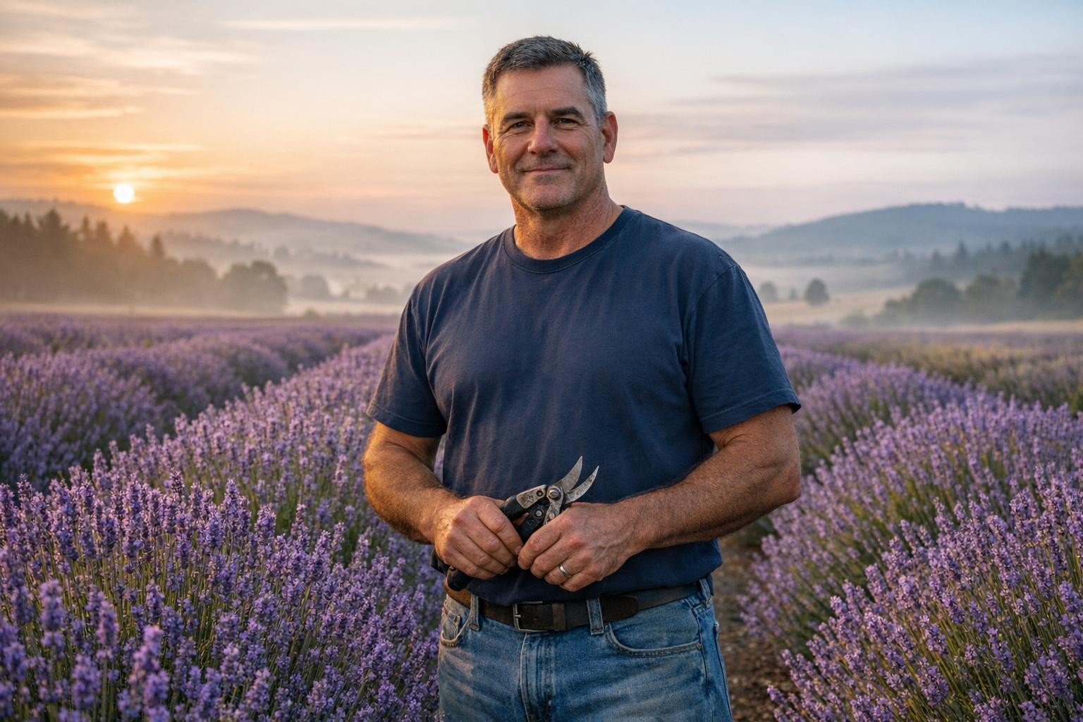 Retired firefighter standing in purple lavender rows at sunrise in Oregon