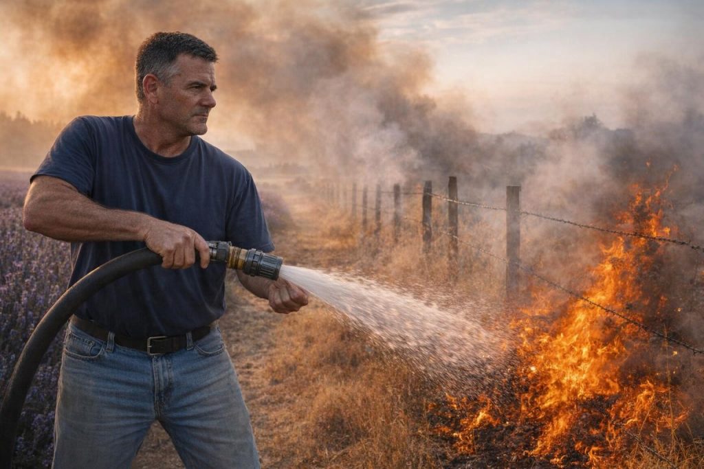Farmer fighting a grass fire with a hose at the edge of his lavender field