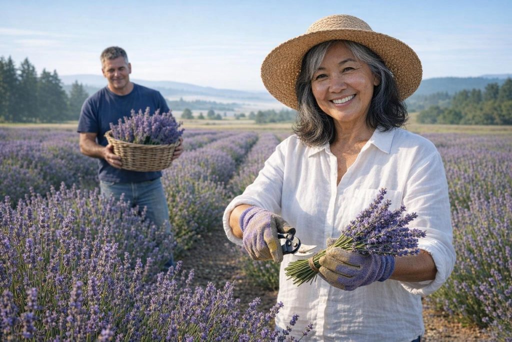 Woman in a straw hat cutting lavender bundles alongside the farm owner