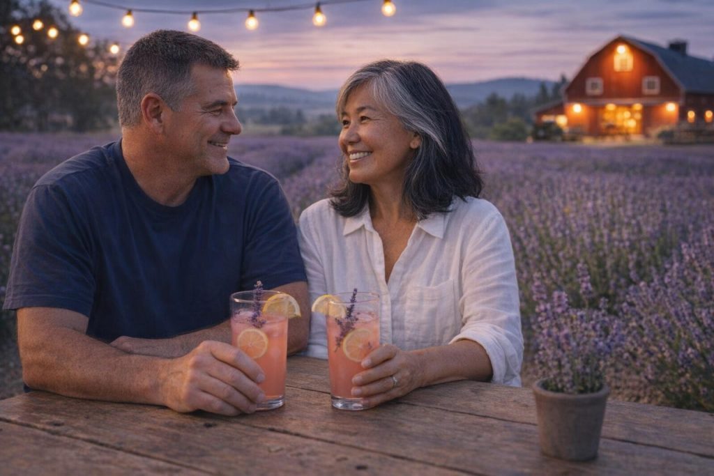 Couple sharing lemonade at a rustic table at dusk beside purple lavender fields