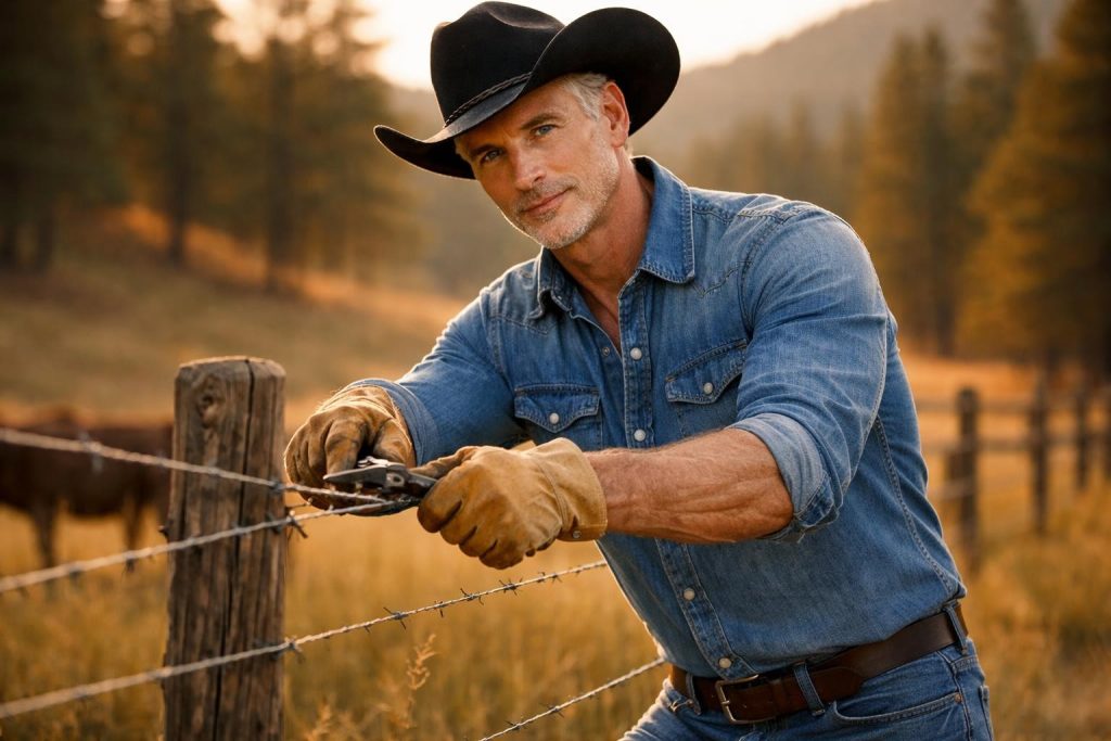 Handsome man in a worn denim shirt mending a fence on a ranch