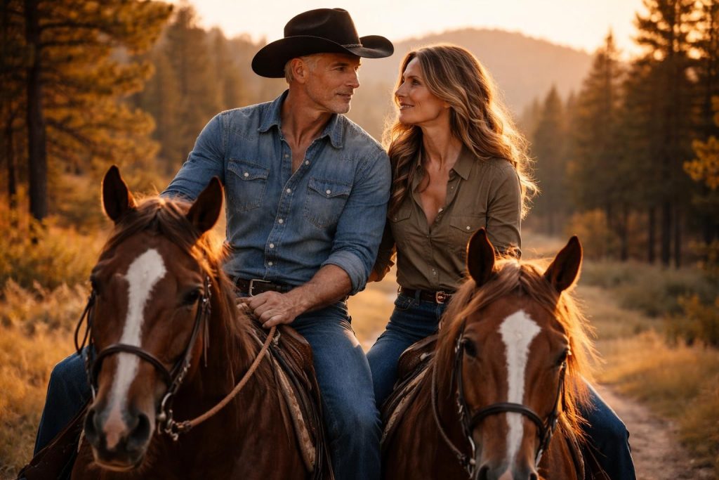 Couple riding horses together through the Black Hills at sunset