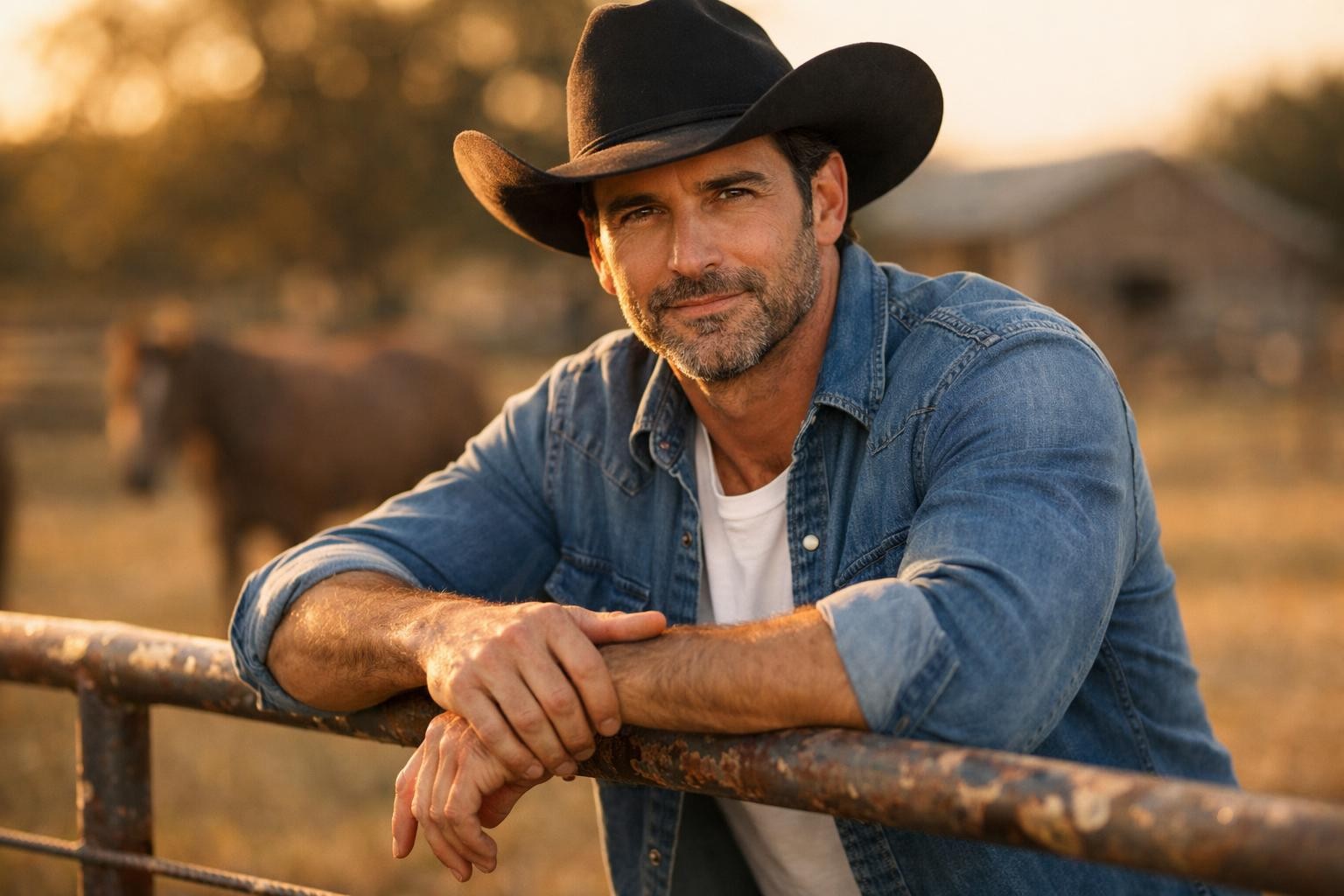 Handsome former rodeo champion with dark hair and a short beard leaning on a ranch fence in Oklahoma at golden hour