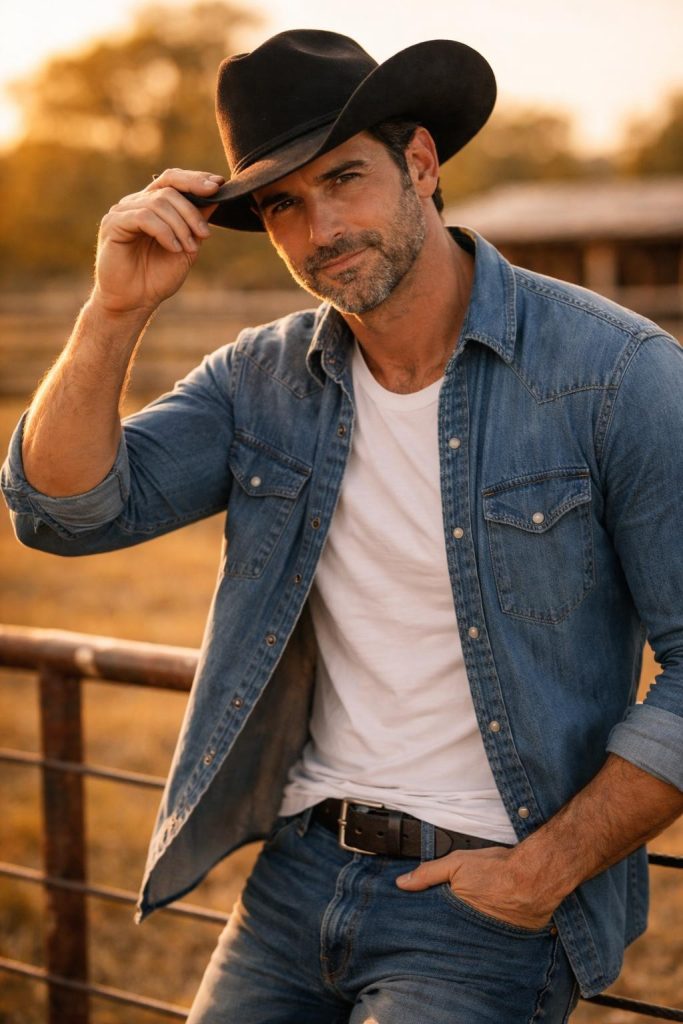 Handsome cowboy tipping his hat in front of a rodeo arena