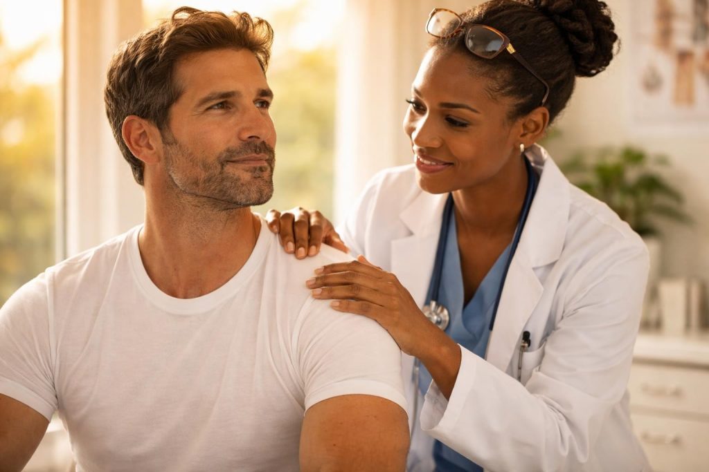 Orthopedic surgeon examining the cowboy's shoulder in a clinic