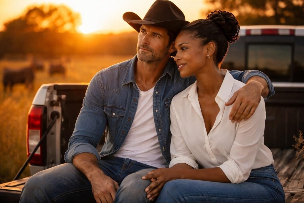 Couple sitting on the tailgate of a pickup truck watching the sunset over an Oklahoma ranch