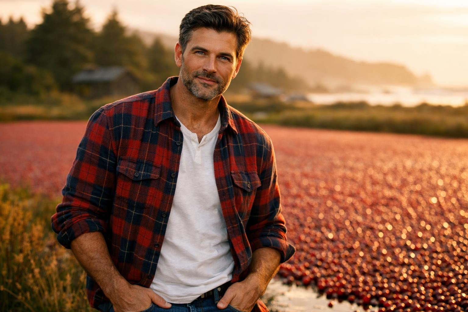 Handsome widowed cranberry farmer with dark hair and stubble standing beside a red cranberry bog in Oregon at golden hour