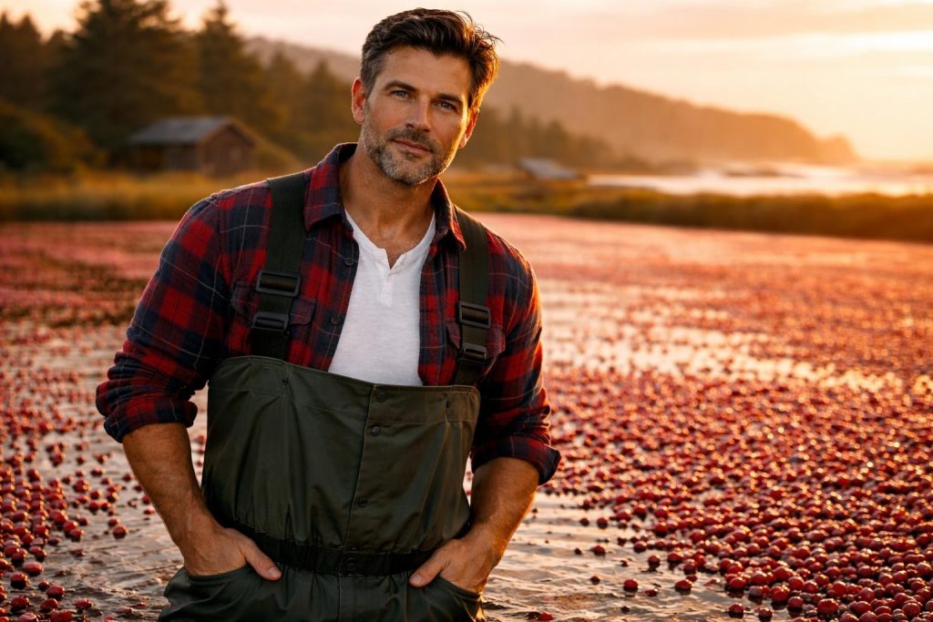 Handsome farmer in waders standing in a flooded bog full of floating red cranberries