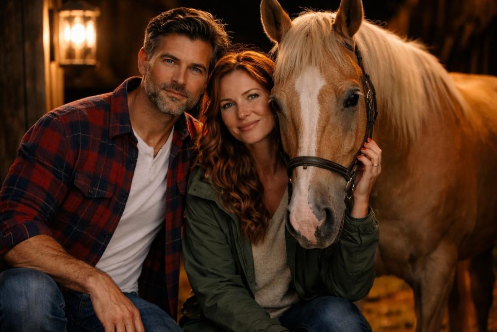 Veterinarian and the farmer kneeling beside a sick horse in a barn at night
