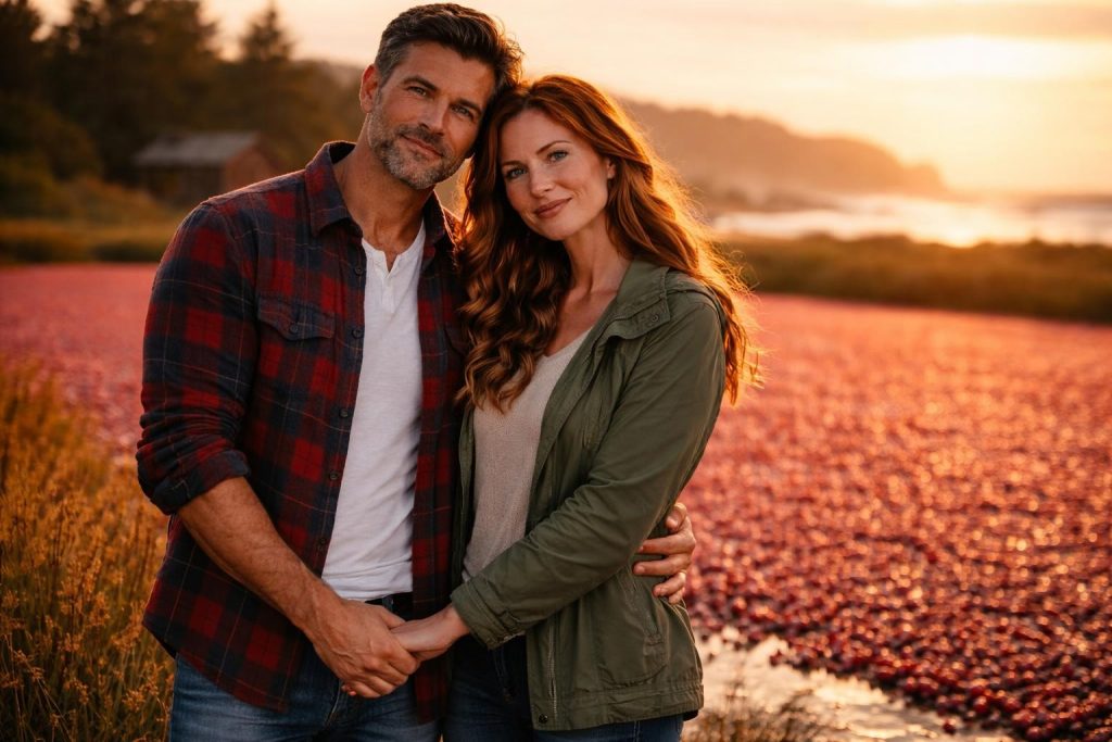 Couple standing together at the edge of a cranberry bog at sunset