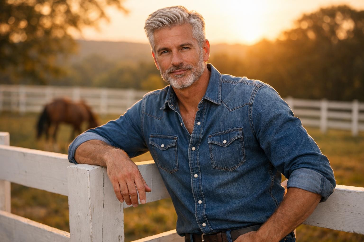 Handsome retired country singer with silver hair and a trimmed gray beard leaning on a white fence at a Tennessee horse farm at golden hour
