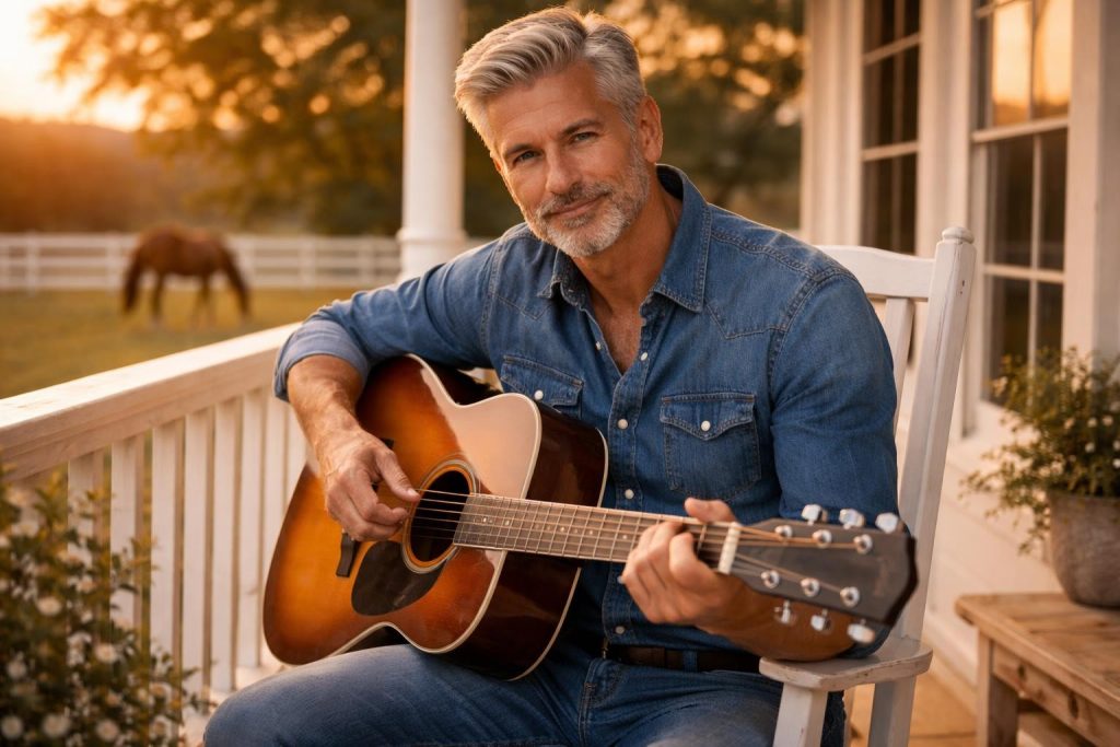 Handsome man in a denim shirt playing an acoustic guitar on a farmhouse porch