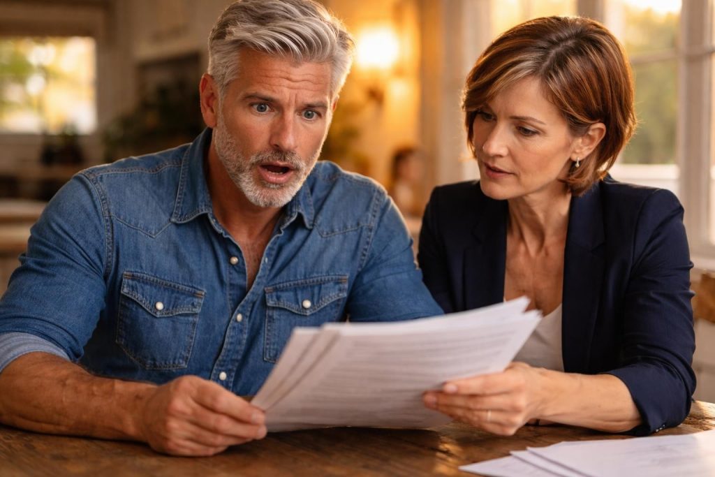 Forensic accountant showing documents to the retired singer at a kitchen table