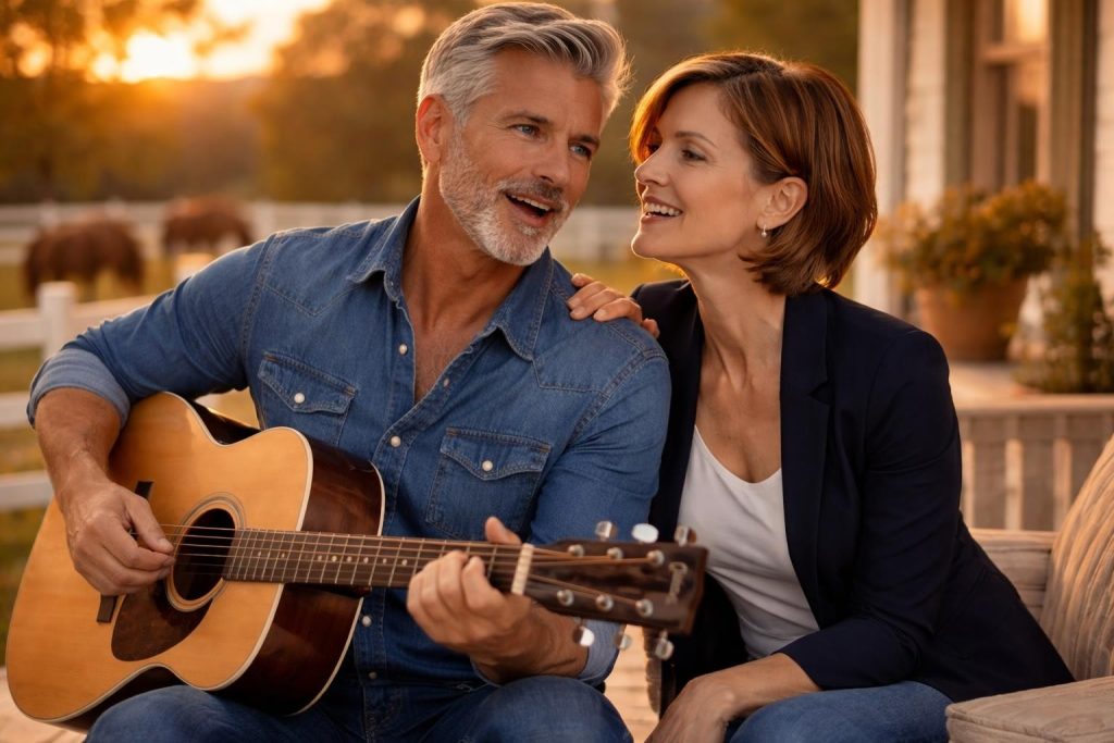 Couple singing together on a farmhouse porch at sunset with horses in the pasture