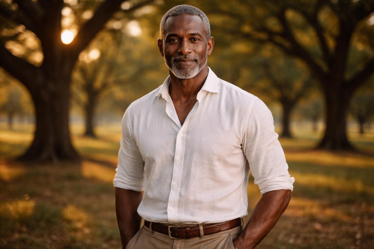 Handsome Black pecan farmer with short gray hair and a trimmed gray beard standing in a Georgia pecan orchard at golden hour