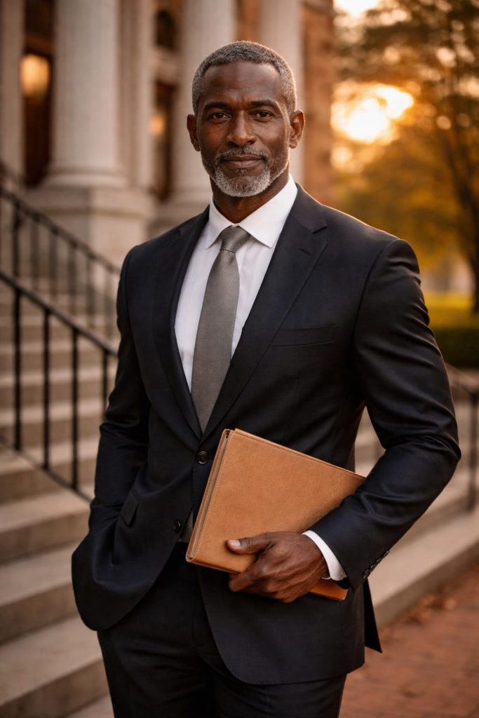 Pecan farmer in a suit standing on the steps of a county courthouse