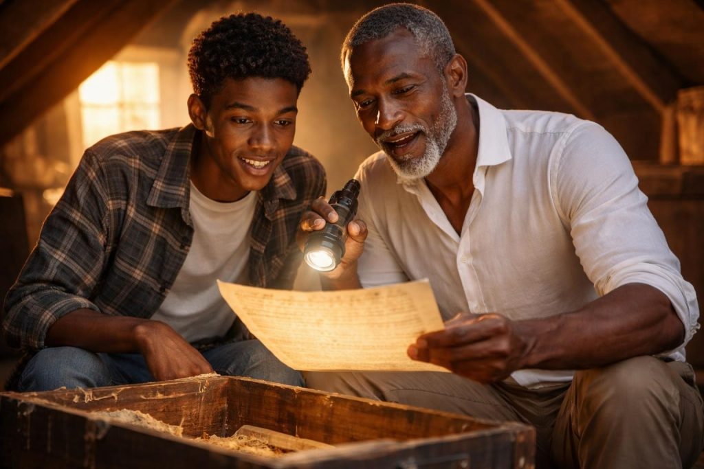 Farmer and his teenage grandson reading old documents in a dusty attic by lamplight