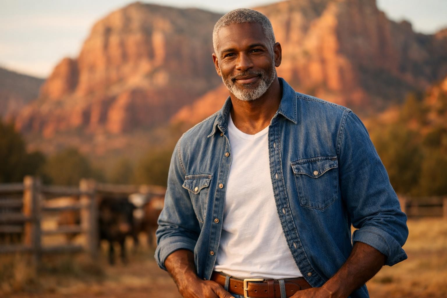 Handsome Black rancher with short gray hair and a trimmed beard standing among red rocks on an Arizona ranch at golden hour