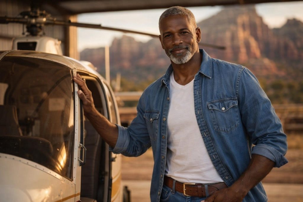 Handsome rancher in a denim shirt standing beside a vintage helicopter in a ranch hangar