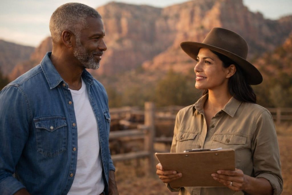 County appraiser and rancher talking beside a corral with red rock cliffs behind them