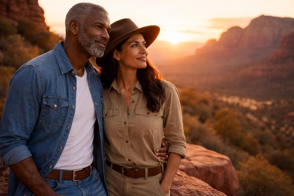 Couple watching the sunset from a red rock overlook on an Arizona ranch