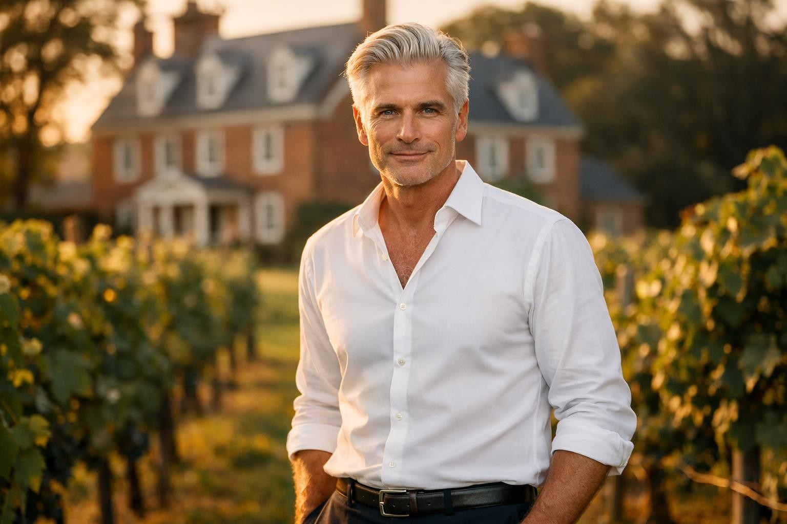Handsome vineyard owner with silver hair and blue eyes standing among grapevines in Virginia at golden hour