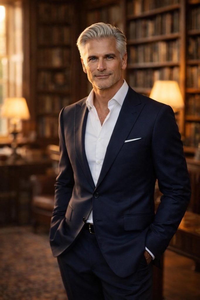 Handsome man in a tailored navy suit standing in an elegant historic manor library