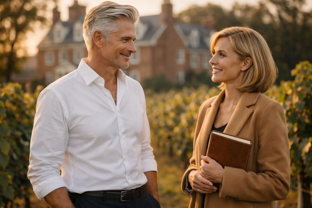 Wedding planner and vineyard owner talking in a vineyard with a historic manor behind them