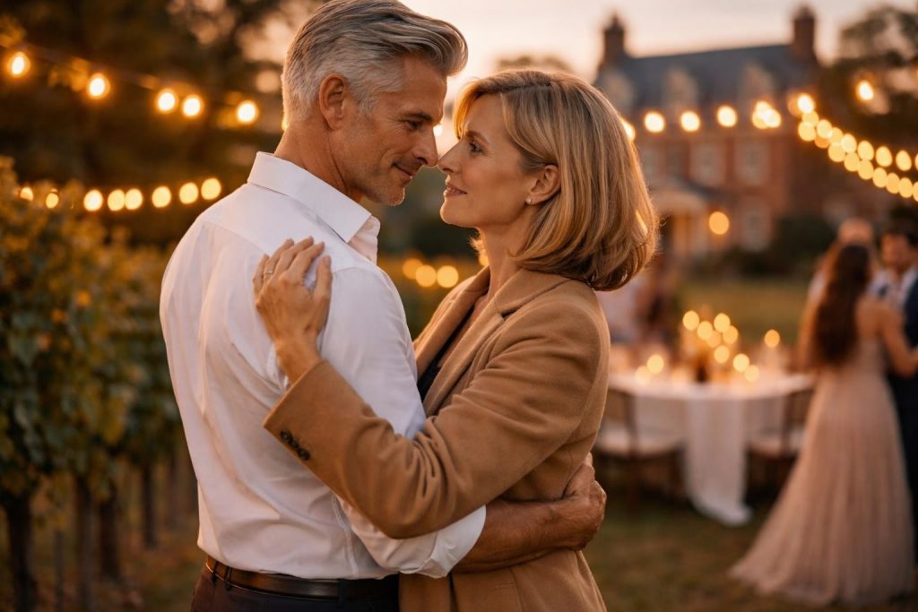 Couple slow dancing under string lights at a vineyard wedding reception at dusk