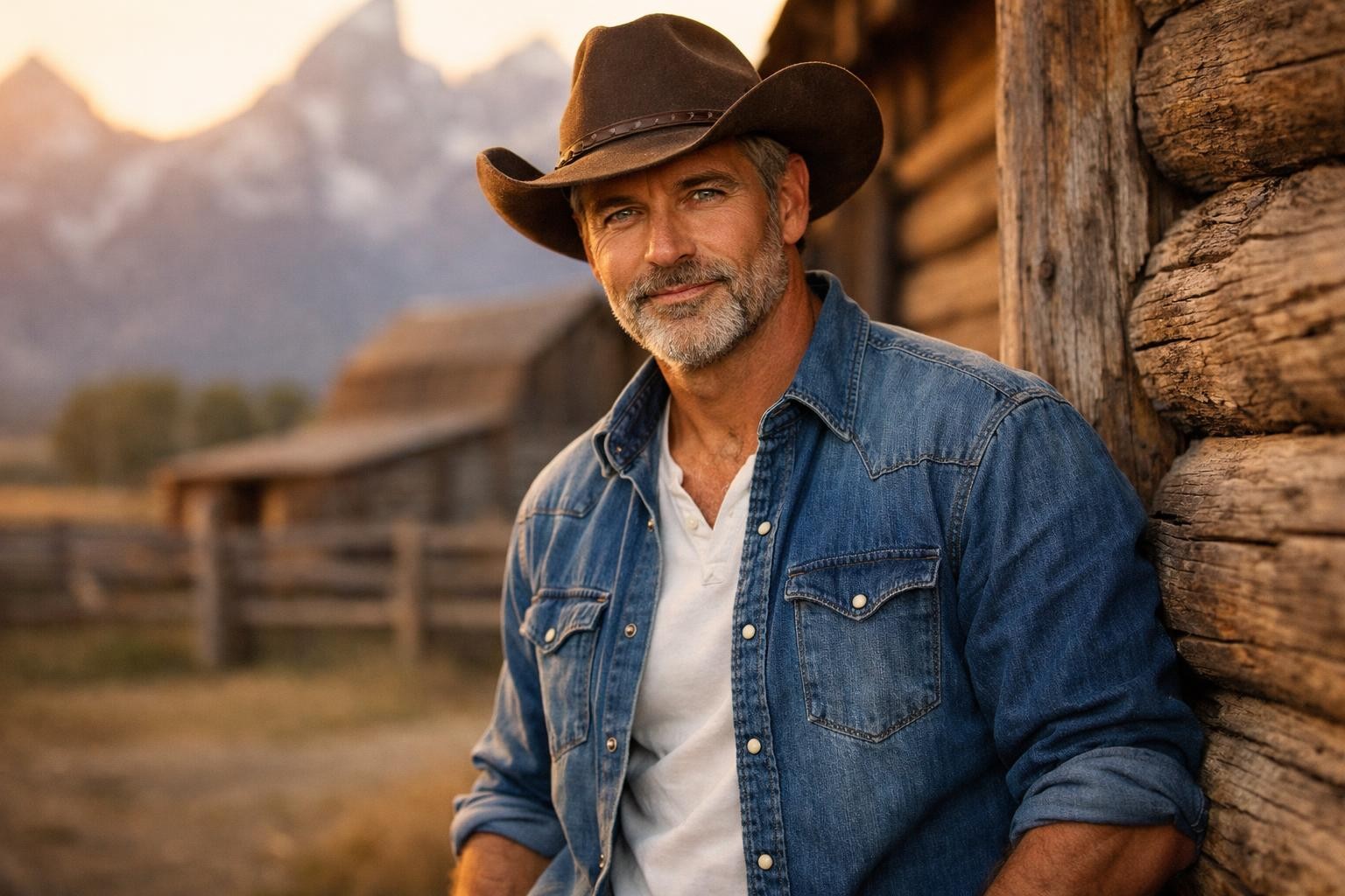 Handsome widowed rancher in a cowboy hat standing by a log barn on a Wyoming guest ranch