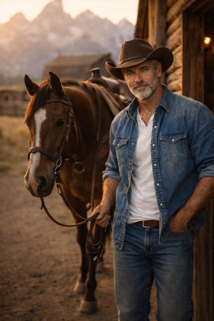 Handsome rancher in a denim shirt leading a horse out of a barn at golden hour