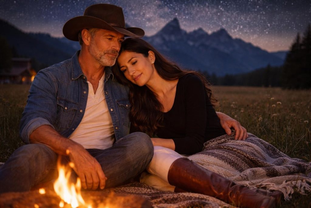 Couple sitting by a campfire under the stars on a Wyoming ranch