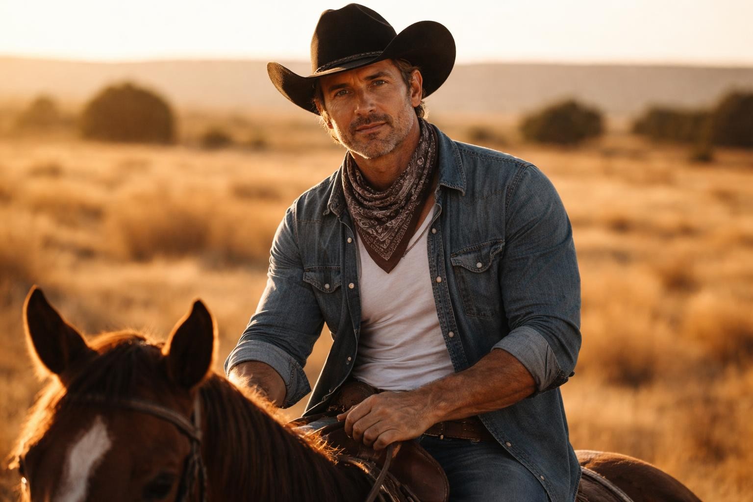 Handsome rancher in a cowboy hat with dark hair and stubble on horseback on a dry Texas ranch at golden hour
