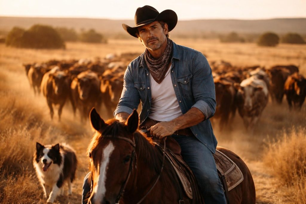 Rancher on horseback leading a long line of cattle across open dry country