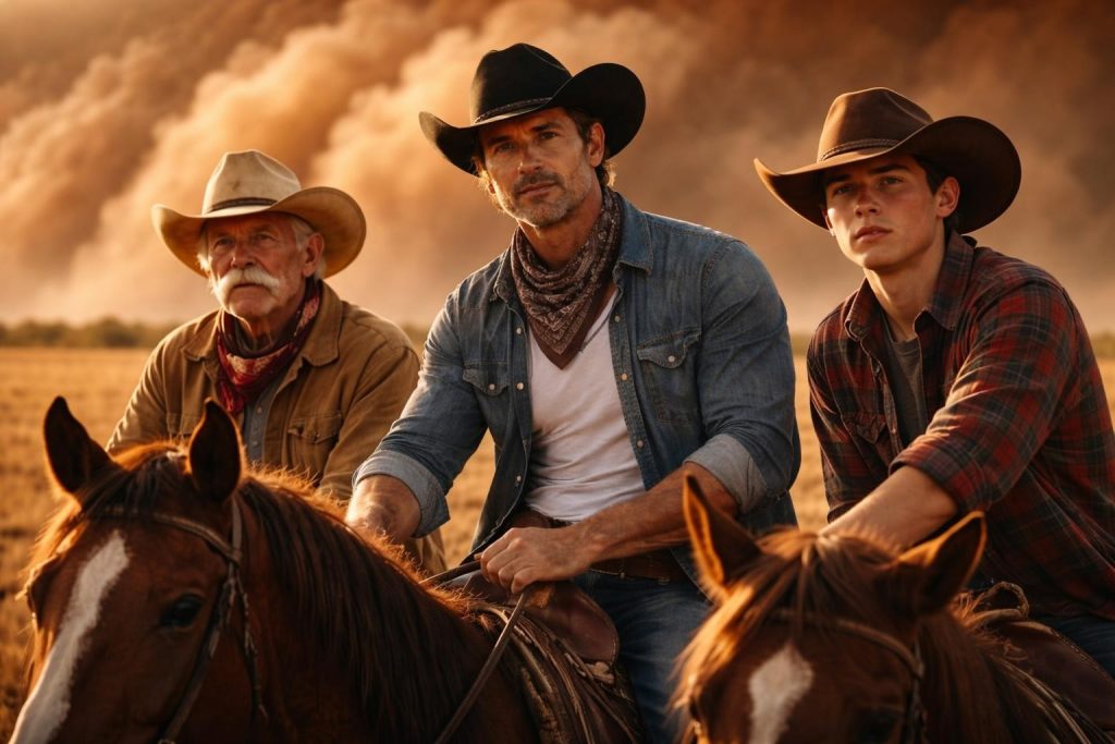 Rancher, his elderly uncle and his teenage nephew on horseback watching a dust storm approach