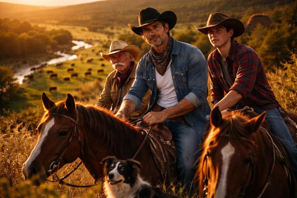 Rancher, uncle and nephew on horseback on a ridge looking down at green pasture full of cattle at sunset