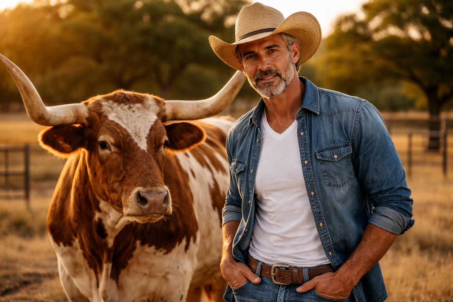 Handsome Latino rancher with salt-and-pepper hair and a trimmed beard standing beside a Texas Longhorn at golden hour