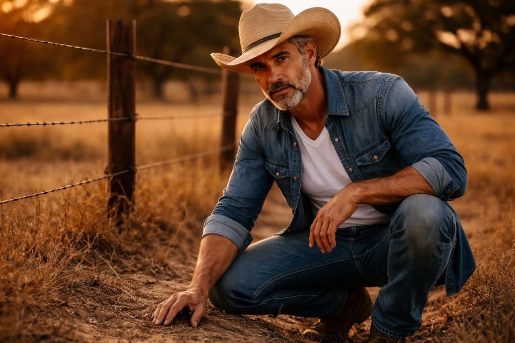 Rancher kneeling by an intact fence line examining the ground at dawn