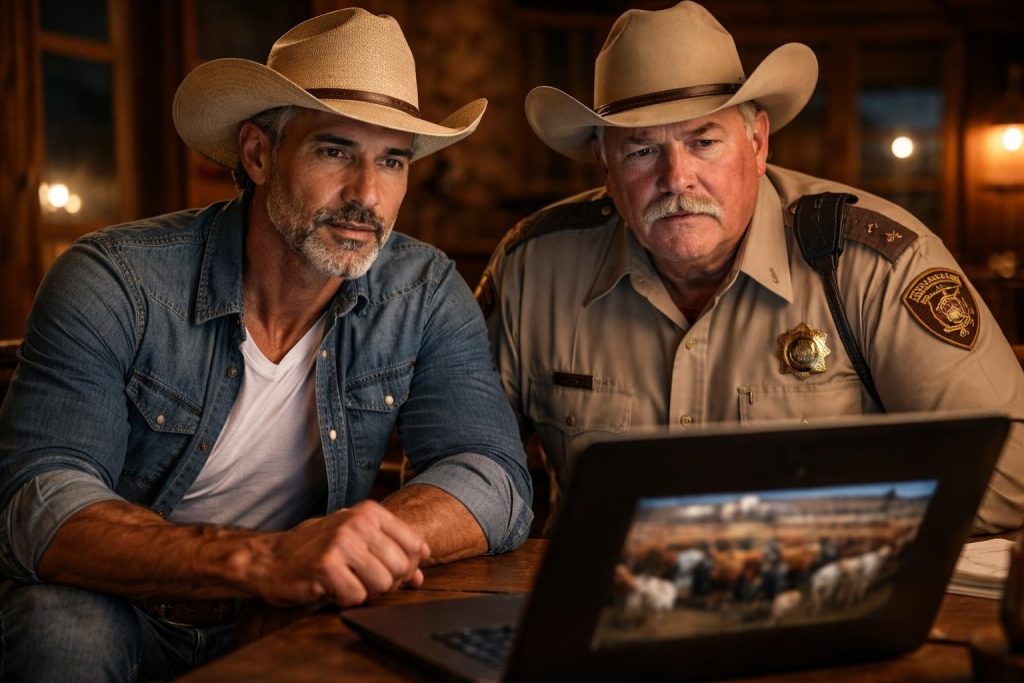 Rancher and a sheriff studying a laptop video inside a ranch office