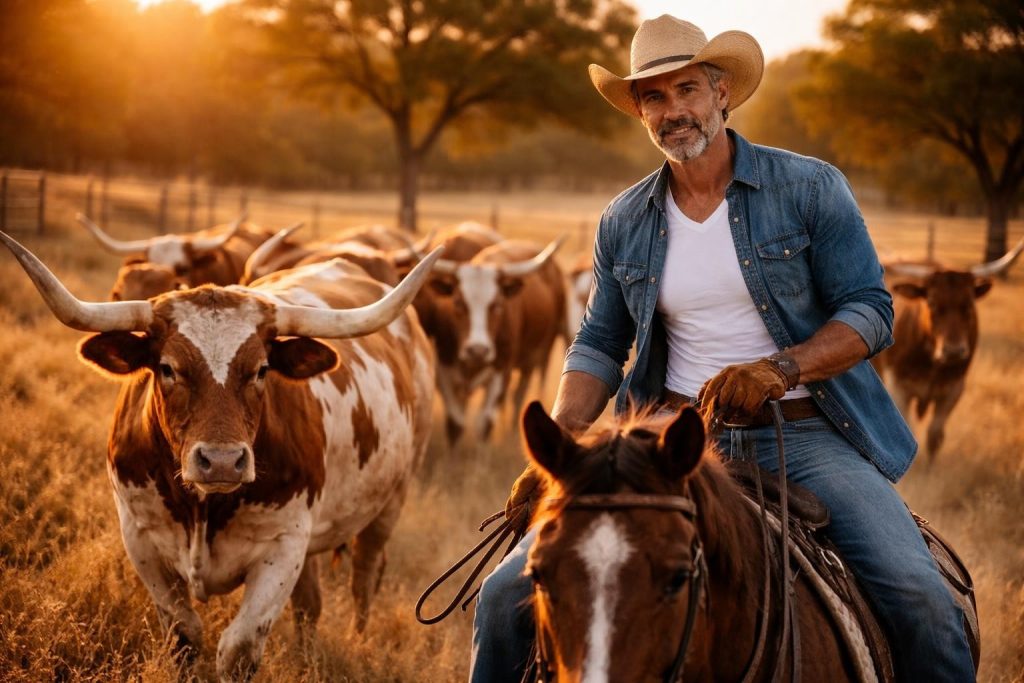 Rancher on horseback driving his returned longhorns across a Texas pasture at sunset