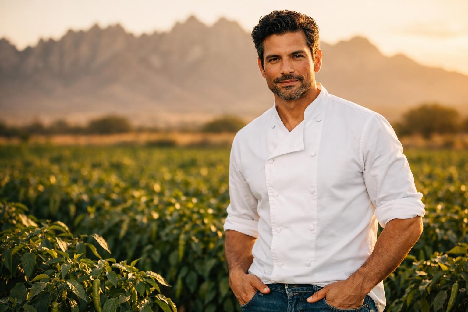 Handsome Latino chef with dark wavy hair and a trimmed beard standing in a New Mexico chile field at golden hour