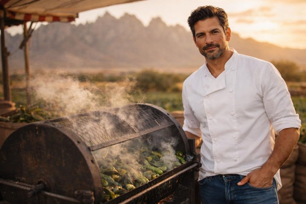 Handsome chef in a white shirt with rolled sleeves roasting green chiles outdoors