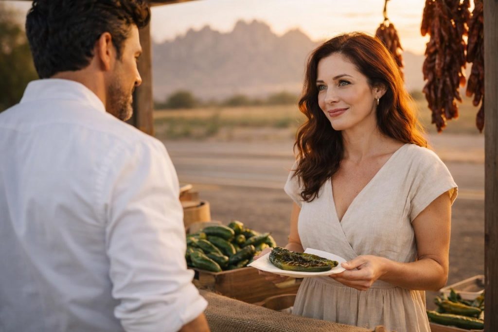 Food critic and chef facing each other at a roadside chile stand