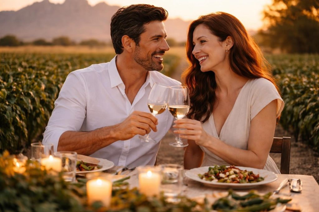 Couple sharing dinner at a long outdoor table on a chile farm at sunset