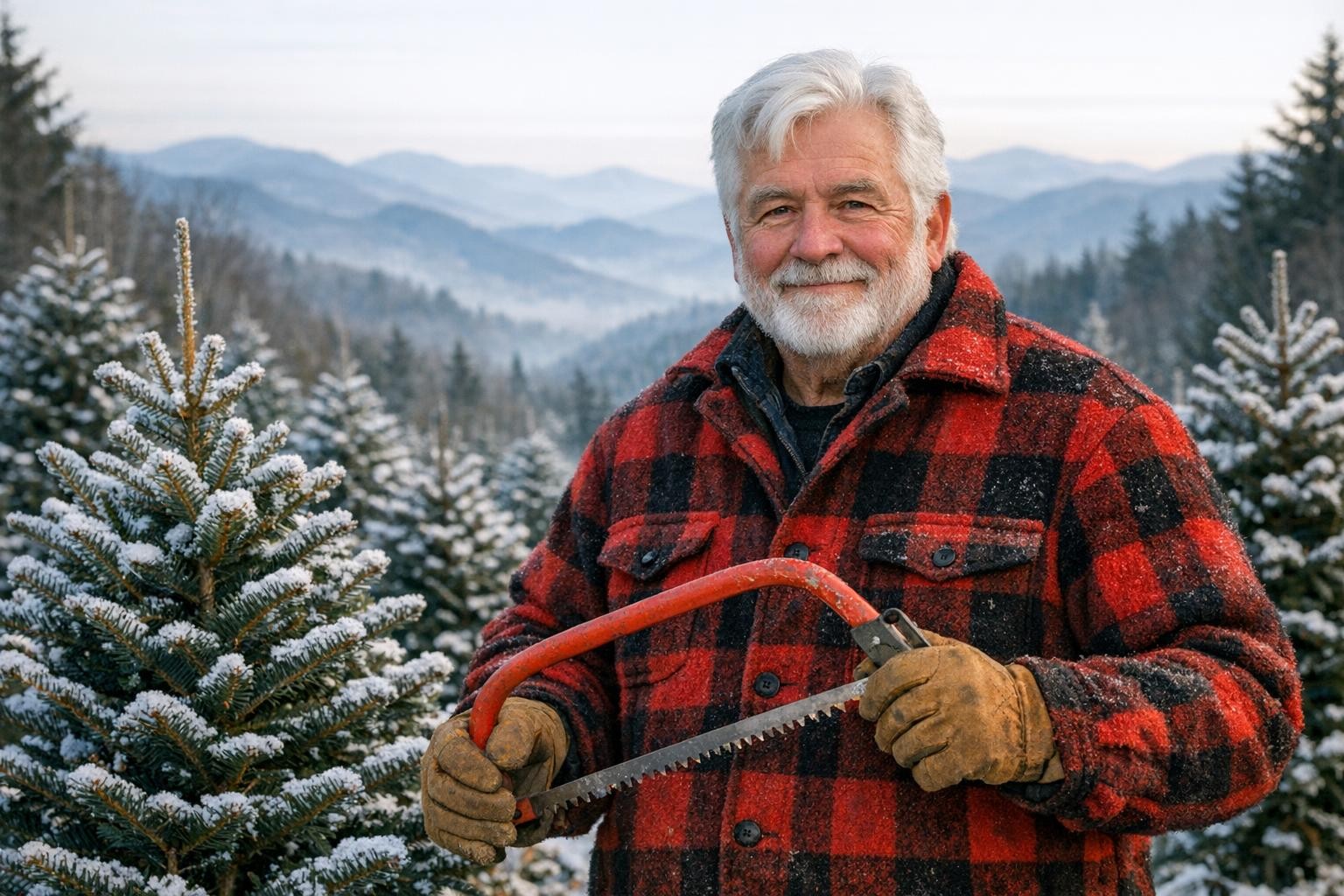 Older man in a red buffalo-check coat standing among snowy Fraser fir trees on a mountain farm