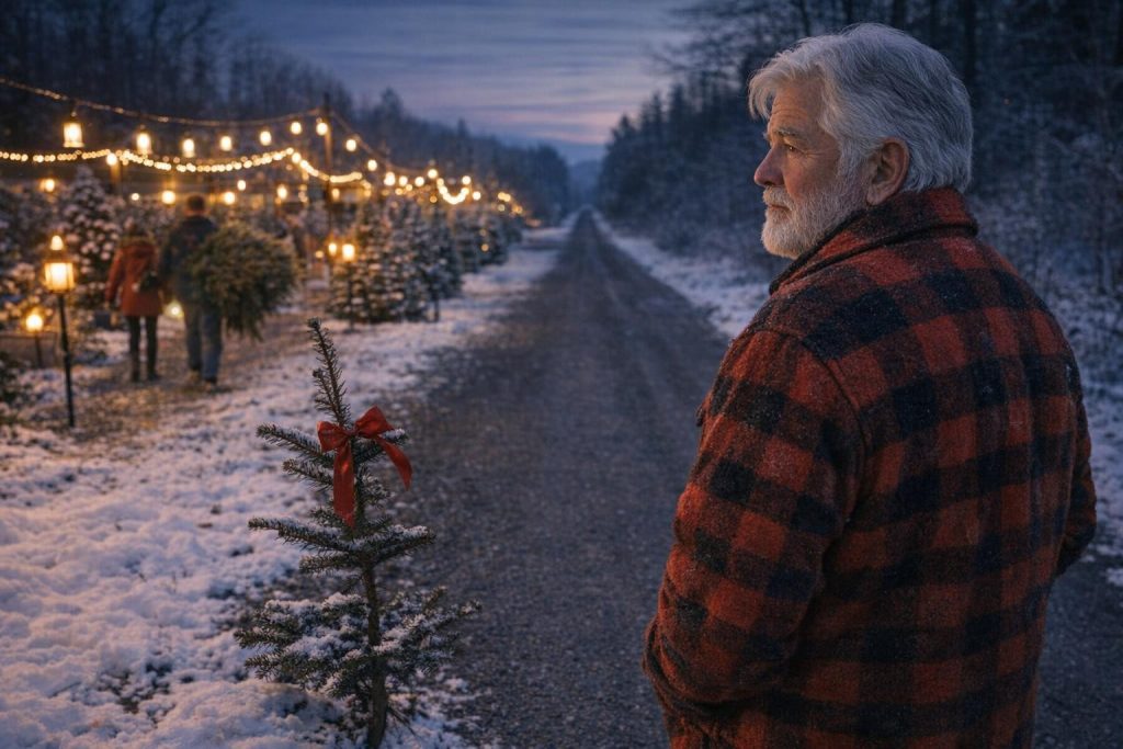 Christmas tree farmer waiting at dusk by a lantern-lit tree lot, looking down the gravel road